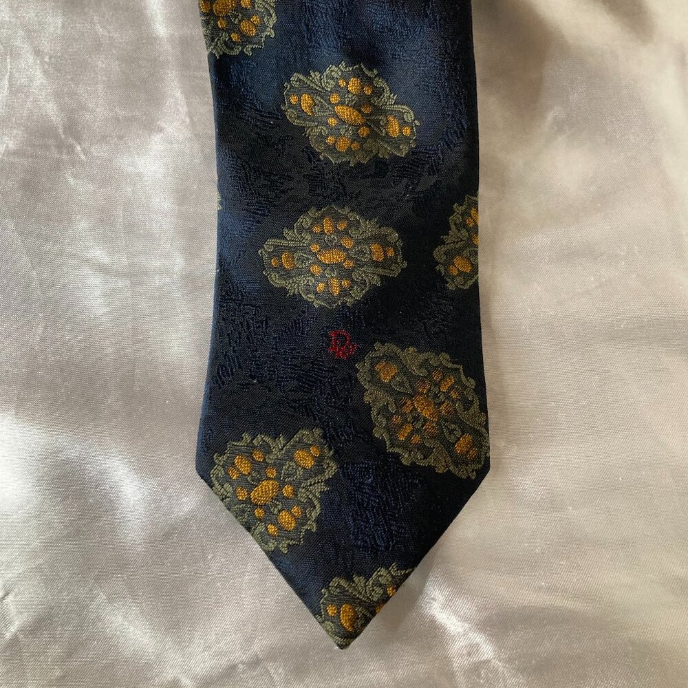 Vintage 1970's Christian Dior Monsieur Necktie - Dark Blue & Embroidered Design